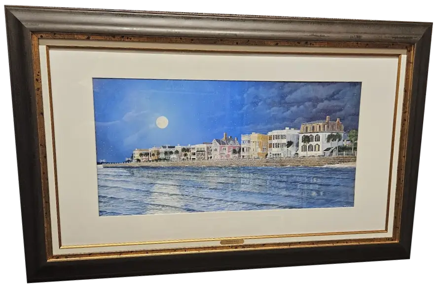 Vic Gillespie ORIGINAL Watercolor Painting "Charleston Battery by Moonlight" Framed